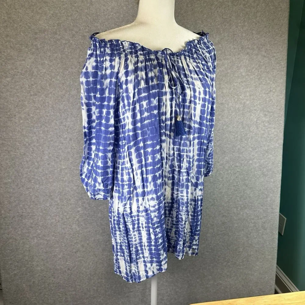 Tie Dye On Off The Shoulder Boho Peasant Hippie Bishop Sleeve Blouse Tunic Small